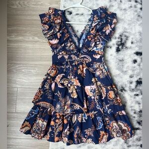 Anthropologie Navy Floral Ruffle V‑Neck Mini Dress